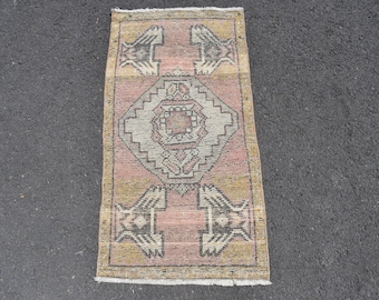 Vintage Anatolian Wool Rug, Pastel Turkish Doormat, 1x3 Small Rug