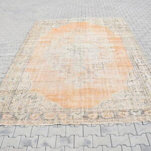 7x11 Vintage Turkish Oushak Rug: Distressed Wool Anatolian Rug