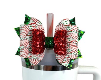 Stanley Christmas Tree Cake Bow Straw Topper, Glitter Stanley Tumble Cup Bow Accessories, Red Green Stanley Cup Straw Topper Accessories