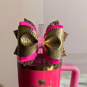 Stanley Pink Parade Tumbler Bow Straw Topper, Stanley Cup Accessories, Simple Modern Bow Topper, Stanley Tumbler Bow, Gold Glitter Bow Straw