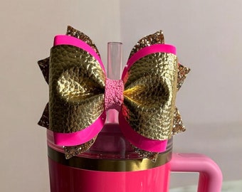 Stanley Pink Parade Tumbler Bow Straw Topper, Stanley Cup Accessories, Simple Modern Bow Topper, Stanley Tumbler Bow, Gold Glitter Bow Straw