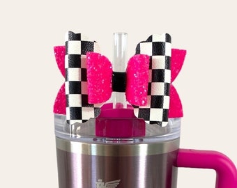 Neon Pink Checkered Bow Straw Topper for Stanley Cup, Straw Bow Topper, Simple Modern Topper, Bow for Stanley Camelia Tumblers,