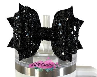 Stanley Black Midnight Glitz Straw Bow Topper, Stanley Cup Accessories, Glitter Tumbler Topper, Simple Modern Straw Topper, Starbucks Bows
