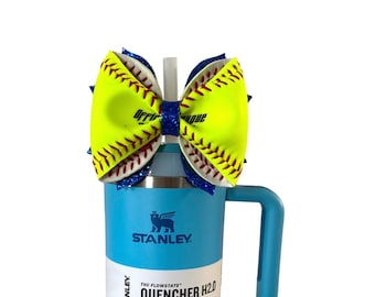 Stanley Real Softball Straw Bow Topper, Tumbler Softball Topper, Stanley Softball Accessories , Starbucks Topper, Softball Mom Girl Gifts