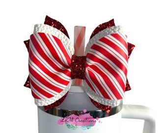 Stanley Christmas Candy Cane Peppermint Bow Straw Topper, Stanley Cup Accessories, Simple Modern Straw Topper, Stanley Mistletoe Twist Bow