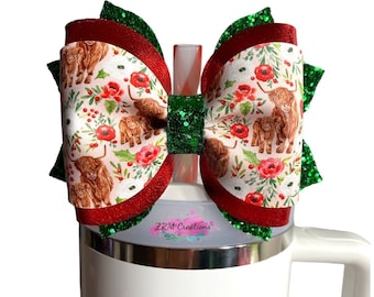 Christmas Cow Stanley Tumbler Bow Straw Topper, Stanley Mistletoe Twist Cup Accessories, Red Green Stanley Bow Topper, Glitter Tumbler Bow