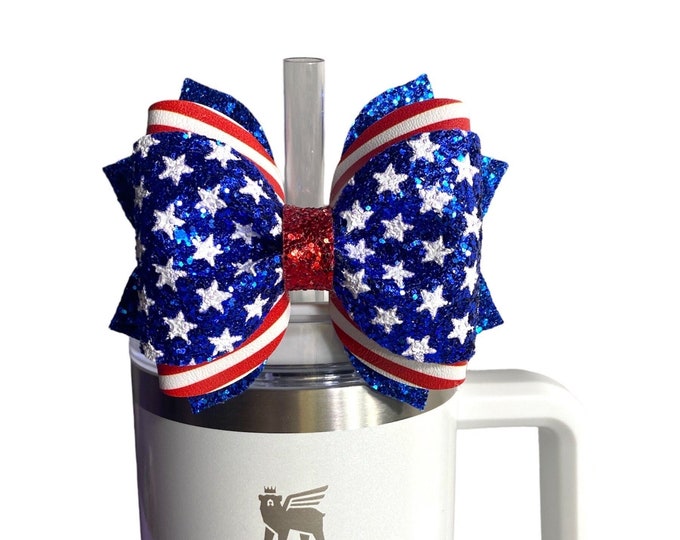 Featured listing image: Stanley 4th of July Bow Straw Topper, Stanley Red Blue White Straw Topper Stanley Cup, Simple Modern Straw Topper, Starbucks Straw Topper