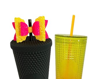 Pink Yellow Straw Bow Topper, Bow for Mango Studded Tumbler & Pink Lemonade Grid, Straw Topper, Bows for Tumbler