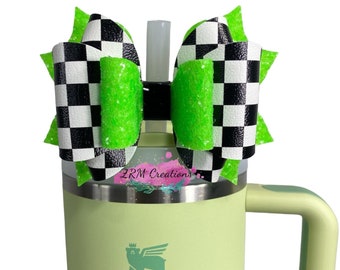 Neon Green & Checkered Straw Bow Topper, Stanley Cup Accessories, Starbucks Straw Topper, Stanley Bow Topper, Simple Modern Topper