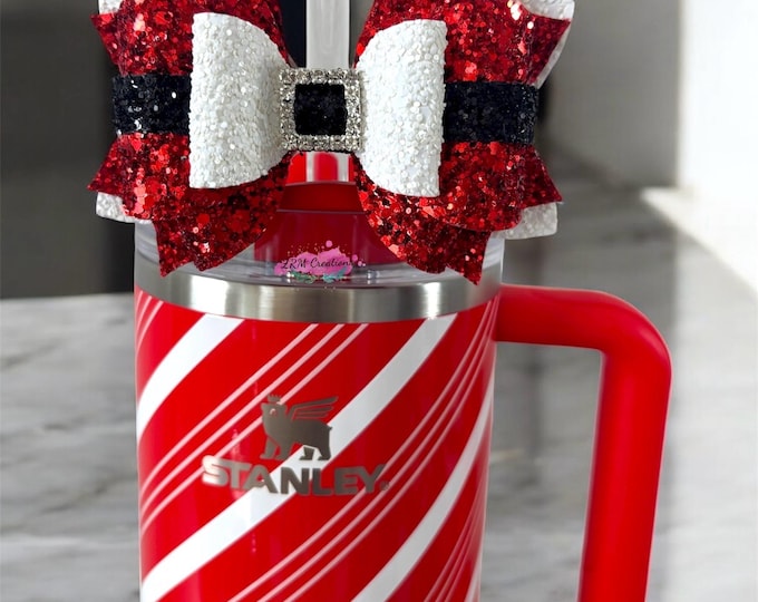 Featured listing image: Stanley Candy Cane Twist Santa Bow Straw Topper, Stanley Christmas Straw Topper, Simple Modern Bow Topper, Stanley Cup Straw Accessories