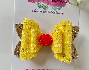 Yellow Glitter Hair Bow, Belle Hair Bow, Belle Headband, Belle Hair Clip, Yellow Hair Bow, Princess Hair Bow, Princess Hair Clip, Belle Bow