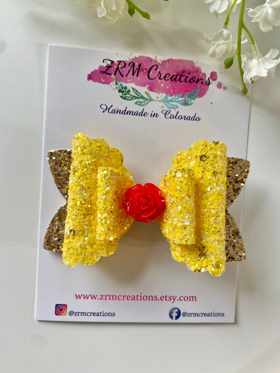 Yellow Glitter Hair Bow, Belle Hair Bow, Belle Headband, Belle Hair Clip, Yellow Hair Bow, Princess Hair Bow, Princess Hair Clip, Belle Bow
