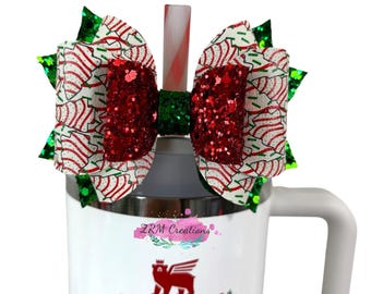 Stanley Christmas Tree Cake Bow Straw Topper, Glitter Stanley Tumble Cup Bow Accessories, Red Green Stanley Cup Straw Topper Accessories
