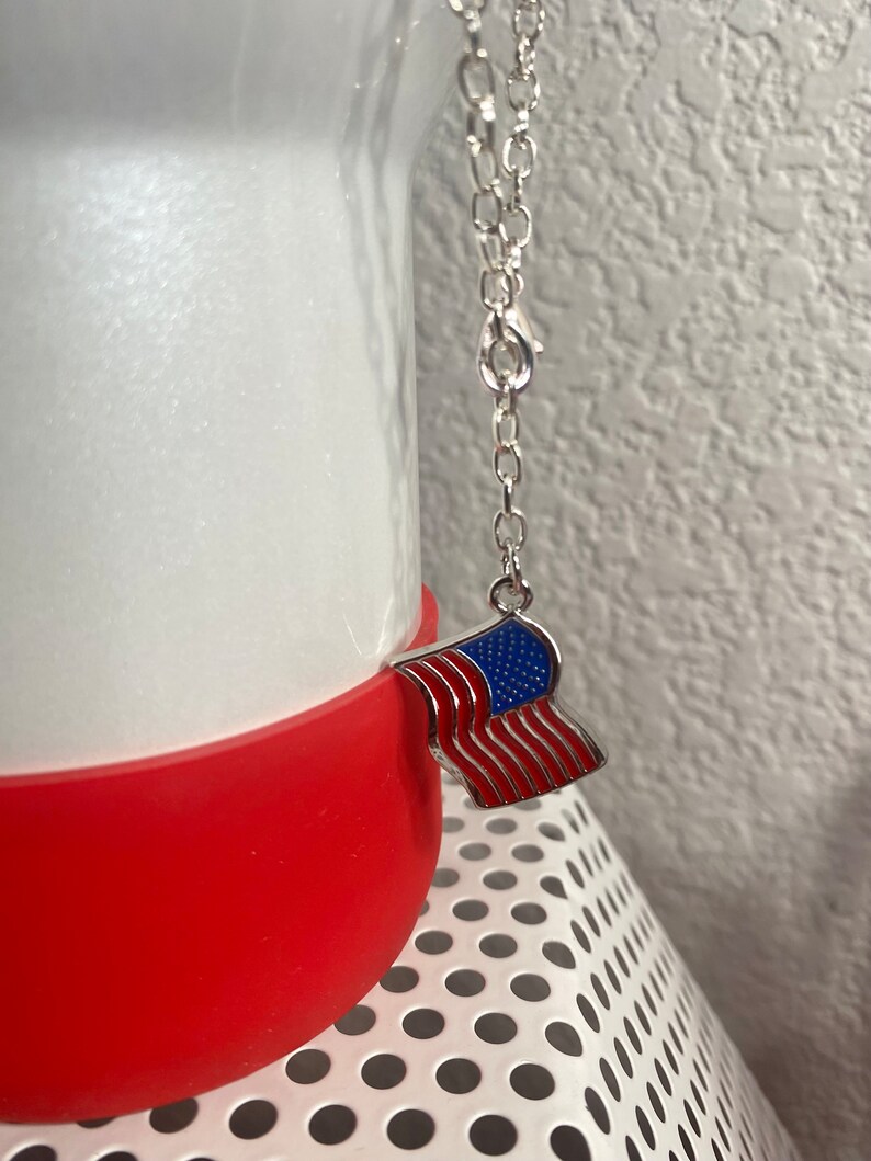 May include: A silver chain necklace with a small American flag charm. The flag is red, white, and blue.