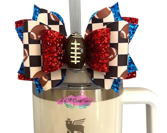 Stanley Football Straw Bow Topper, Red Blue Stanley Cup Accessories, Stanley Tumbler Bow Topper, Simple Modern Football Bow, Starbucks Bow