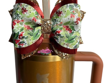Holly Christmas Stanley Tumbler Straw Bow Topper, Stanley Cup Accessories, Simple Modern Tumbler Straw Topper, Mistletoe Cup Straw Topper