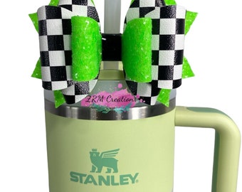 Neon Green & Checkered Straw Bow Topper, Stanley Cup Accessories, Starbucks Straw Topper, Stanley Bow Topper, Simple Modern Topper