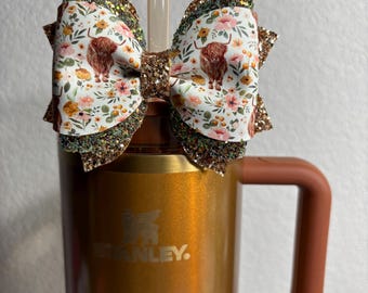 Stanley Copper Tinsel Bow Straw Topper, Stanley Tumbler Cup Accessories, Simple Modern Accessories, Highland Cow Straw Bow Topper, Cup Bows