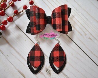 Christmas Hair Bow, Red Black Plaid Bow, Red Black Plaid Earrings, Christmas Headband, Christmas Earrings, Christmas Hair Clip