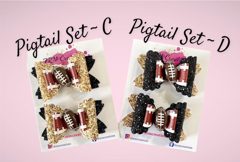 May include: Two sets of pigtail bows with a football design. The first set is gold glitter with black accents and the second set is black glitter with gold accents. Both sets feature a brown and white football.