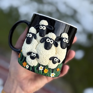 Mok schapen, 3D-mok schapen, koffiekop schapen, polymeerklei schapen, familie grappige schapen