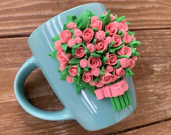 Roses Coffee cup, Mug with Roses, Mug for mother, Mug with a bouquet, Polymer clay Roses, Realistic polymer Roses