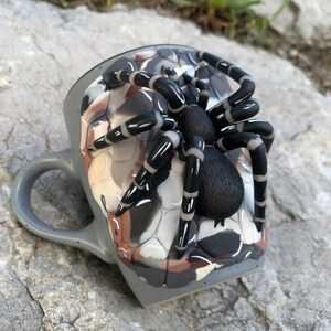 Puede incluir: Taza de cer&aacute;mica gris con una gran escultura de ara&ntilde;a. La ara&ntilde;a es negra con rayas blancas en las patas y un cuerpo peludo. La taza tiene un patr&oacute;n de camuflaje en tonos grises, marrones y blancos.