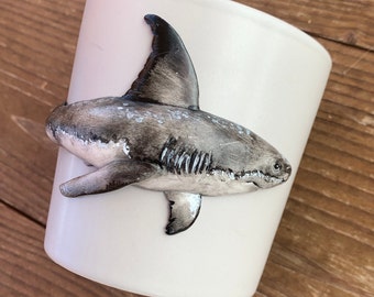 Taza de tiburón blanco, taza de megalodón, tiburón de arcilla polimérica, tiburón 3D