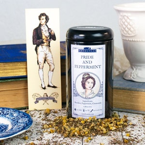 Pride and Prejudice Tea Gift Tin, Jane Austen Loose Peppermint Chamomile Tea with Mr Darcy Bookmark, Pemberley, Mother's day gift