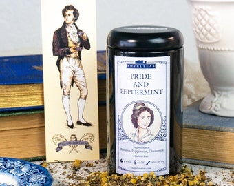 Pride and Prejudice Tea Gift Tin, Jane Austen Loose Peppermint Chamomile Tea with Mr Darcy Bookmark, Pemberley, Mother's day gift