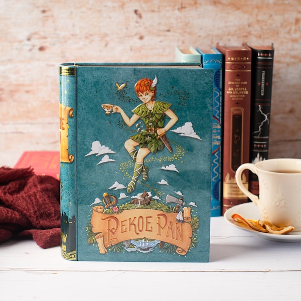 Peter Pan Hollow Book Tin with Bookmark, Literary Tea, Neverland Nursery Decor, Vintage Tea Gift, Christmas Present