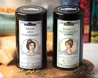 Jane Austen Tea Gift Set with Bookmarks; Pride and Prejudice, Sense And Sensibility, Organic Book Lover Loose Tea Tins, Hostess Gift