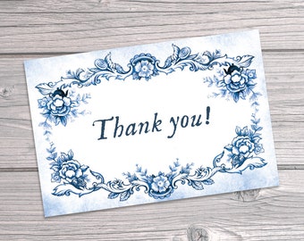 Blue and White Thank You Note Card, Vintage Floral Style, Gratitude Stationery