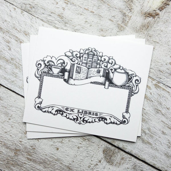 Ex Libris Vintage Bookplate Labels for Tea Lovers, Sticker Book Plate, Elegant Name Tag, Gifts Book Collectors