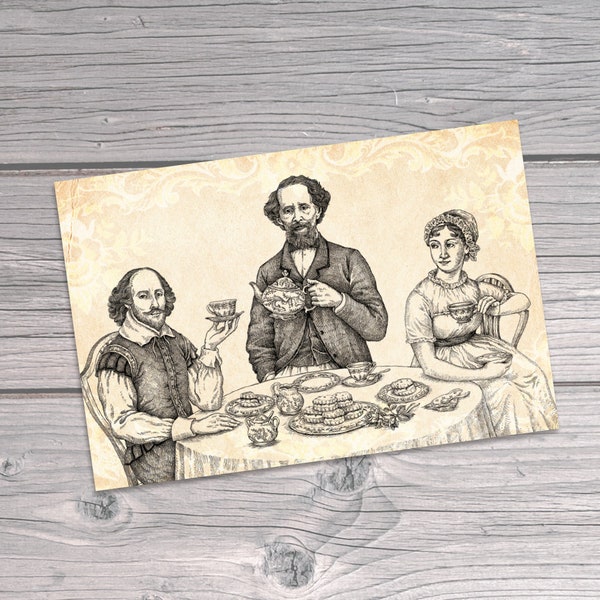 British Authors Note Card, Literary Favor, Tea Lover Gift, Jane Austen, Charles Dickens, Shakespeare Tea Party