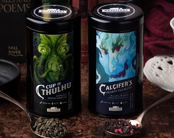 Demon Duo Tea Gift Set, Cthulhu and Calcifer, Watercolor Bookmarks, Demonic Loose Tea, Halloween Sips