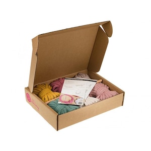 Puede incluir: Una caja de cartón con la tapa abierta, que revela cinco carretes de cordón de macramé de colores. Los carretes están dispuestos en fila, con los colores rosa, amarillo, verde y rosa oscuro. La caja está etiquetada con "DIY Macrame Kit".