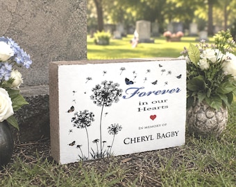 Sympathy Garden Stone, Personalized Dandelion Memorial, with Butterflies, Concrete Grave Marker, outdoor use.