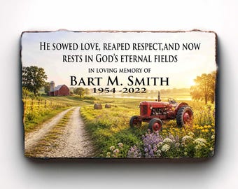 Personalized Farmer Memorial Garden Stone, 9x6 Concrete Paver Plaque, Red Tractor Barn Scene Remembrance Sign, Custom Rancher Grave Marker