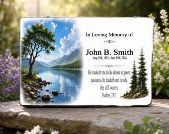 Memorial Stone Remembrance beside still waters Plaque Garden Stones Sympathy Gifts, country lake scene