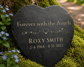 Memorial Stone, Heart-Shaped Engraved Garden Marker | Slate | 6 Inch, Gray Off-White Text