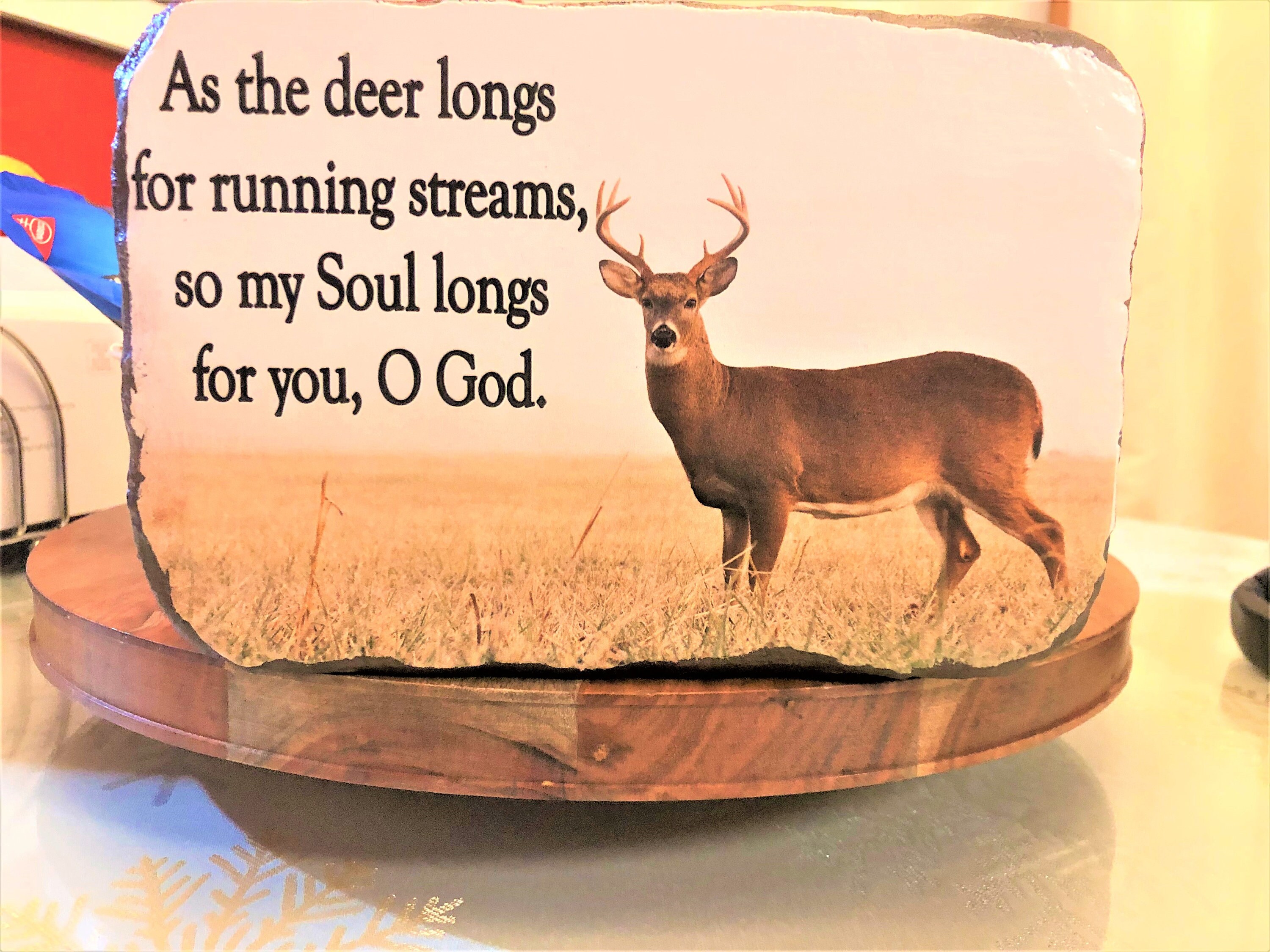 Memorial Stone plaque As the deer longs with white tail deer scene