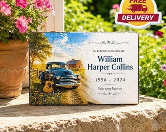 Piedra conmemorativa personalizada, Camioneta antigua, Guitarra y escena de granero, En memoria de un ser querido, Placa de jardín, Regalo de condolencia