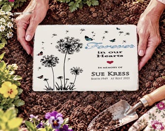 Sympathy Garden Stone, Personalized Dandelion Memorial, with Butterflies, Concrete Grave Marker, outdoor use.