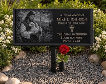 Black Granite Memorial Garden Stone, 12x6 Engraved Plaque with Metal Stake, Jesus Lamb Sympathy Gift, Custom Grave Marker
