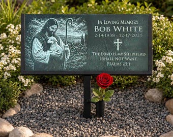 Black slate Memorial Garden Stone, 12x6 Engraved Plaque with Metal Stake, Jesus Lamb Sympathy Gift, Custom Grave Marker