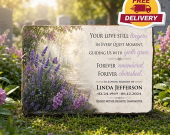 Piedra conmemorativa de lavanda para jardín, placa de recuerdo personalizada, regalo para quienes han perdido a un ser querido, con flores moradas.