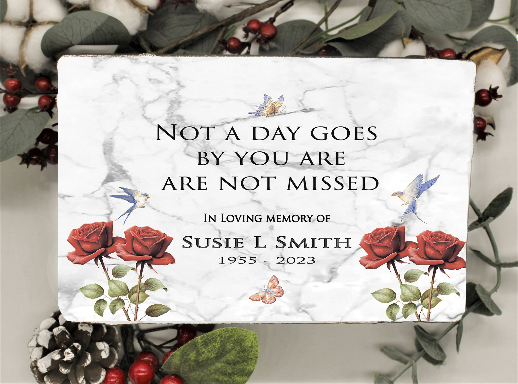 Personalized Memorial Stone Roses and Butterflies Design for Garden ...