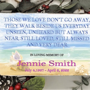 Memorial Garden Stone Personalized Those we love with Beach scene and ocean, Embossed print, plaque, Plaque, Memorial family loss gift