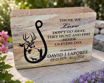 Hunting Memorial, Outdoor Scene Concrete Stone | Personalized Grave Plaque | 6x9 Inches, White Face